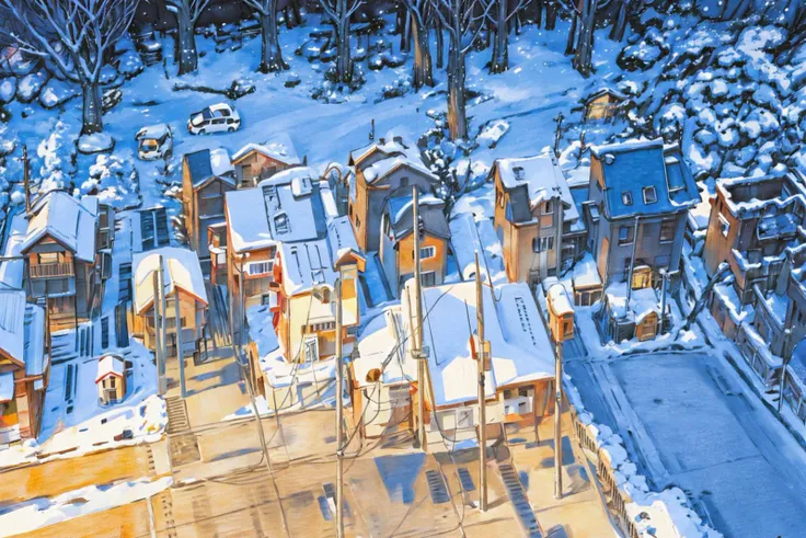 snow, outdoors, street, 1girl, road, building, tree, traditional media, black hair, scenery, long hair, solo, real world location<lora:Colored lead_20230801210009:0.8>, (illustration:1.0), masterpiece, best quality,
