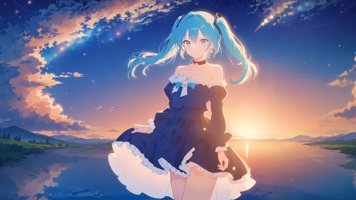 hires, masterpiece, 1girl,solo,mq,hatsune_miku, long_hair, reflected cloud,reflection,fish,shell,(star,night:1.3), breasts, looking_at_viewer, smile, bangs, blue_eyes, skirt, hair_ornament, long_sleeves, dress, holding, hair_between_eyes, bare_shoulders, twintails, very_long_hair, closed_mouth, blue_hair, collarbone, outdoors, frills, detached_sleeves, striped, puffy_sleeves, strapless, blue choker, floating_hair, blue_dress, frilled_dress, tiara, juliet_sleeves, strapless_dress, layered_dress,sky, cloud, hood, scarf, kneehighs, hoodie, night, star_\(sky\), night_sky, scenery, starry_sky, sunset, twilight, shooting_star, diffraction_spikes