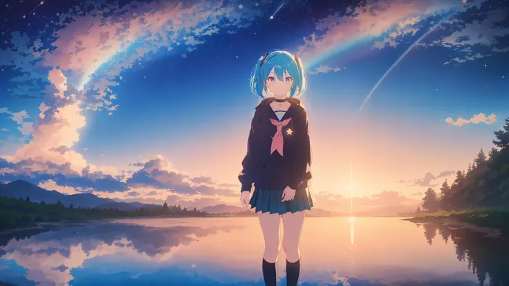 hires, masterpiece, 1girl,solo,mq,hatsune_miku, reflected cloud,reflection,fish,shell,(star,night:1.3), breasts, looking_at_viewer, smile, bangs, blue_eyes, skirt, hair_ornament, long_sleeves, dress, holding, hair_between_eyes, bare_shoulders, closed_mouth, blue_hair, choker, outdoors, short_hair, skirt, standing, hetero, outdoors, sky, serafuku, socks, cloud, hood, scarf, kneehighs, hoodie, night,  star_\(sky\), night_sky, scenery, starry_sky, sunset, twilight, shooting_star, diffraction_spikes