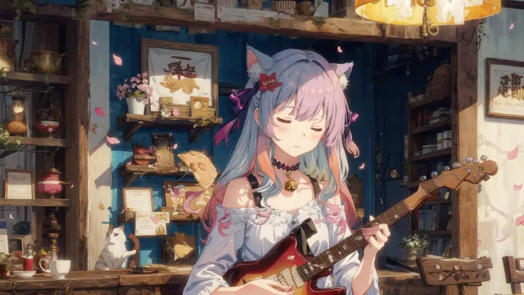 1girl,Closed eyes,Bare shoulders,Cat tail,Two-tone hair,gradient hair,Long hair,Pink hair,silver_hair,Hair bow,Hair bell,
cherry_blossoms ,taiyaki,wine,teacup,ice_cream,flower_petals ,guitar,indoors,
masterpiece, best quality,
<lora:æé¨ä¿®å¤ClearHands_v1.0:1>,