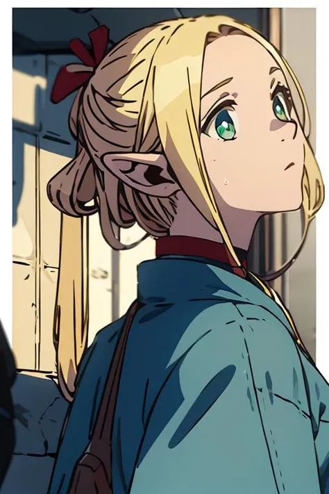 1girl,head,elf,blonde,full_shot,blue coat,incredibly absurdres,<lora:malu-000002:0.7>,