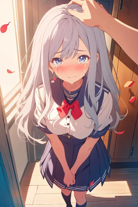 1girl,bag,bangs,blush,breasts,cherry blossoms,confetti,falling leaves,falling petals,indoors,jewelry,leaves in wind,locker,long hair,looking at viewer,petals,petals on liquid,red ribbon,ribbon,rose petals,school uniform,shirt,shoes,shoes removed,short sleeves,skirt,socks,solo,standing,white legwear,white shirt,wind,vladilenamilize,vladilena milize,grey hair,blue eyes,silver hair,<lora:vladilenamilizetest:1>,(sad:1.2),(tear:1.2),(crying:1.2),(close-up:1.2),headpat,(face_focus:1.2),<lora:Concept_Headpat:1>,