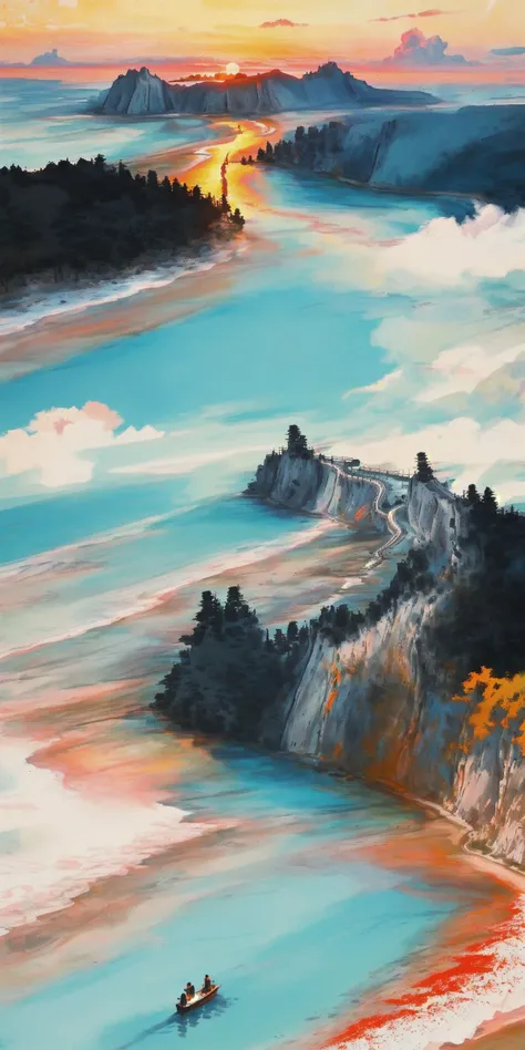 ((seaside)),outdoors7033,outdoors,blue sky,white cloud,black road,red ang orange mountain,yellow trees,((sunset)),from above,village on mountain,(((masterpiece,best quality))),