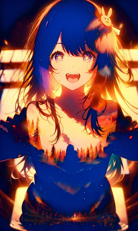 llustration,(masterpiece),(best quality),(ultra_detailed),finely detail,(Depth of field),purple,<lora:HoshinoAi_v9-000007>,Hoshino Ai,(+_+:1.1),(long hair),(purple hair:1.2),streaked hair,purple eyes,star-shaped pupils,hair ornament,star \(symbol\),shirt,idol,symbol-shaped pupils,hands up,bangs,one side up,star-shaped pupils,dress pull,isometric,cowboy shot,from above,frilly dress,stage,stage lighting,cinematic lighting,neon lights,professional lighting,happy face,sweat,singing,mouth open,detailed background,concert stage,live concert,(crowd),<lora:silhouette-000012:0.8>,silhouette,beautiful night sky,(shiny_eyes:1.1),arms_behind_back,