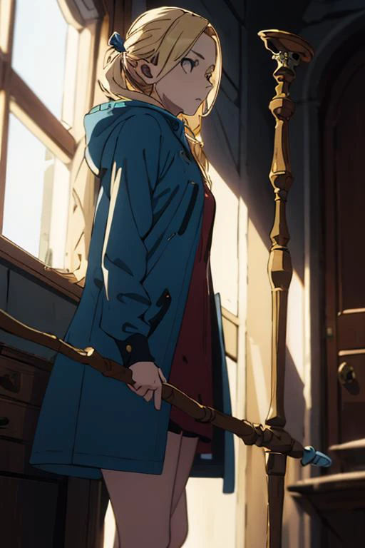 1girl,elf,blonde,full_shot,blue coat,with a staff in hand,artbook,incredibly absurdres,moody lighting,<lora:malu-000002:0.8>,