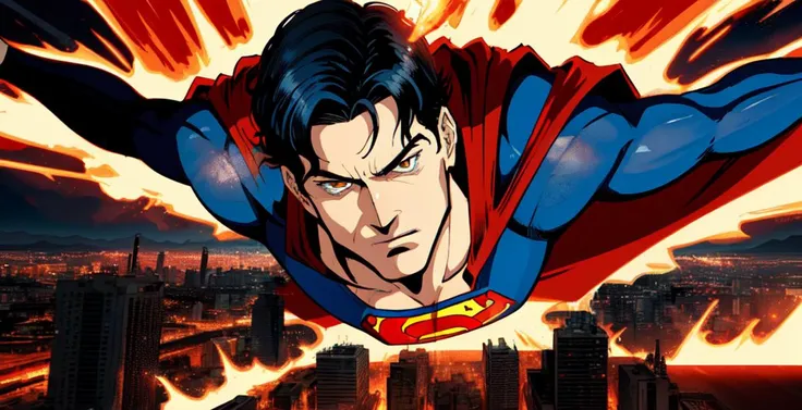 Evil superman, 10 Citizens, Matropolis, Superman incinerating citizes down to the bone with Lazer vision, the buildings smoldering from heat, Art style Bleach, Ultra detail, Masterpeice, Dynamic cam