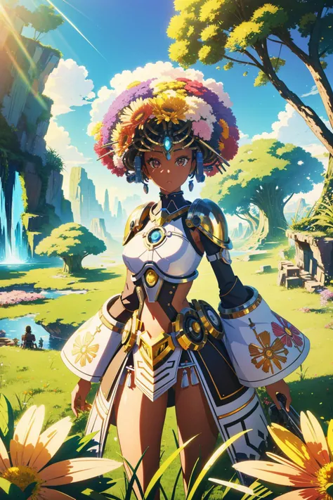 insane details, Conceptual Dazzling Grass, Rickety flowers in background, Sharp and in focus, Afrofuturism, natural lighting, Saturated