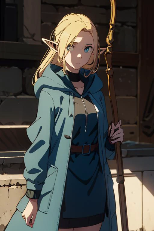 1girl,elf,blonde,full_shot,blue coat,with a staff in hand,artbook,incredibly absurdres,moody lighting,<lora:malu-000002:0.8>,