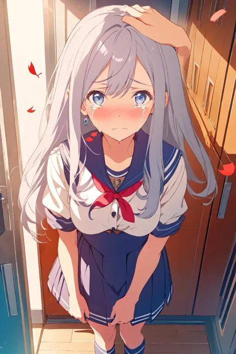 1girl,bag,bangs,blush,breasts,cherry blossoms,confetti,falling leaves,falling petals,indoors,jewelry,leaves in wind,locker,long hair,looking at viewer,petals,petals on liquid,red ribbon,ribbon,rose petals,school uniform,shirt,shoes,shoes removed,short sleeves,skirt,socks,solo,standing,white legwear,white shirt,wind,vladilenamilize,vladilena milize,grey hair,blue eyes,silver hair,<lora:vladilenamilizetest:1>,(sad:1.2),(tear:1.2),(crying:1.2),(close-up:1.2),headpat,(face_focus:1.2),<lora:Concept_Headpat:1>,