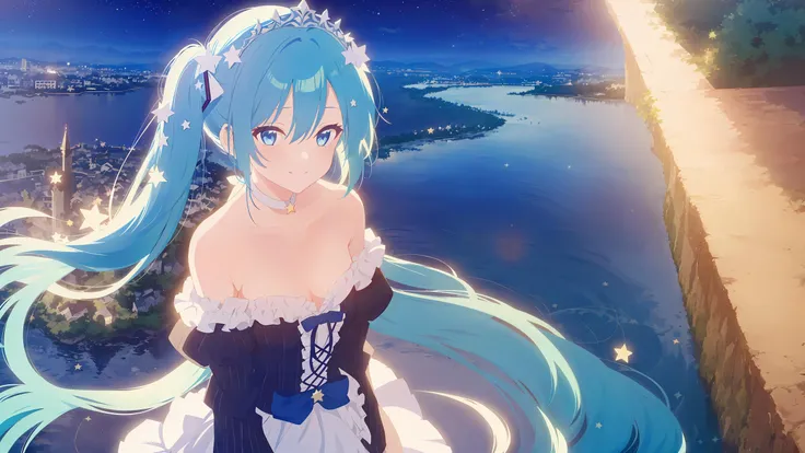 hires, masterpiece, 1girl,solo,mq,hatsune_miku, long_hair, reflection, (star,in night:1.3), breasts, looking_at_viewer, smile, bangs, blue_eyes, skirt, hair_ornament, long_sleeves, dress, holding, hair_between_eyes, bare_shoulders, twintails, very_long_hair, closed_mouth, blue_hair, collarbone, outdoors, frills, detached_sleeves, striped, puffy_sleeves, strapless, blue choker, floating_hair, blue_dress, frilled_dress, tiara, juliet_sleeves, strapless_dress, layered_dress, water, ripples, scepter, sfw,from above,