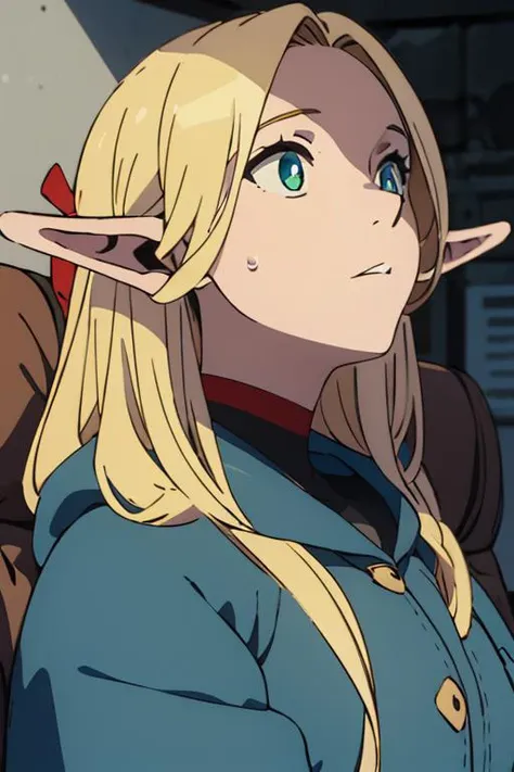 1girl,head,elf,blonde,full_shot,blue coat,incredibly absurdres,<lora:malu-000002:0.7>,