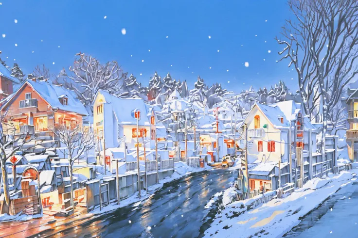 snow, outdoors, street, 1girl, road, building, tree, traditional media, black hair, scenery, long hair, solo, real world location<lora:Colored lead_20230801210009:0.8>, (illustration:1.0), masterpiece, best quality,