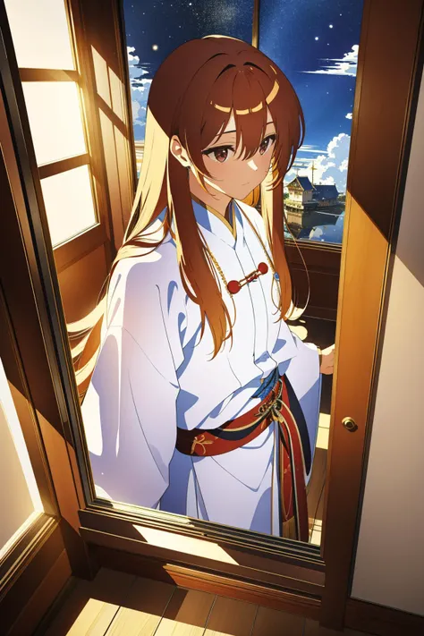 [ (designed by Moebius:0.9) and Carl Holsoe:12], Painting, Magnificent Song Dynasty Man, feeling very proud, wearing [Horn:Nomex:7], his hair is Caramel, Awe, Reflected light