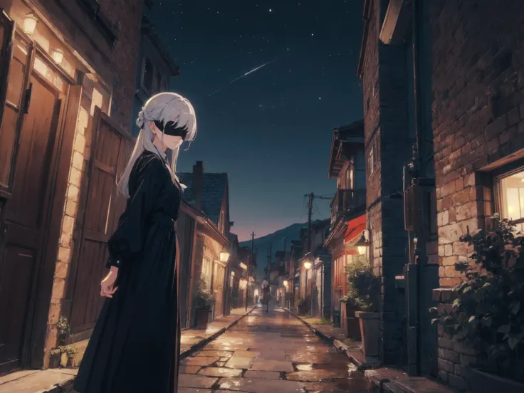 masterpiece, best quality, nightsky,scenery, 1girl, , white hair, black dress, black blindfold,<lora:2bNierAutomataLora_v2b:0.66>