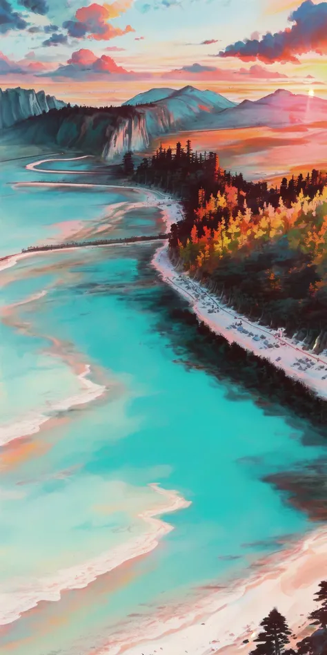 ((seaside)),outdoors7033,outdoors,blue sky,white cloud,black road,red ang orange mountain,yellow trees,((sunset)),from above,village on mountain,(((masterpiece,best quality))),