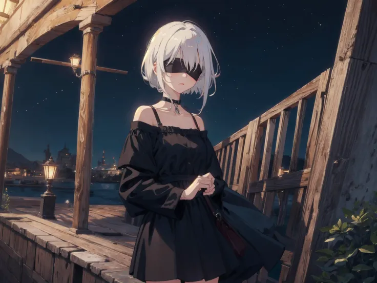 masterpiece, best quality, nightsky,scenery, 1girl, , white hair, black dress, black blindfold,<lora:2bNierAutomataLora_v2b:0.66>