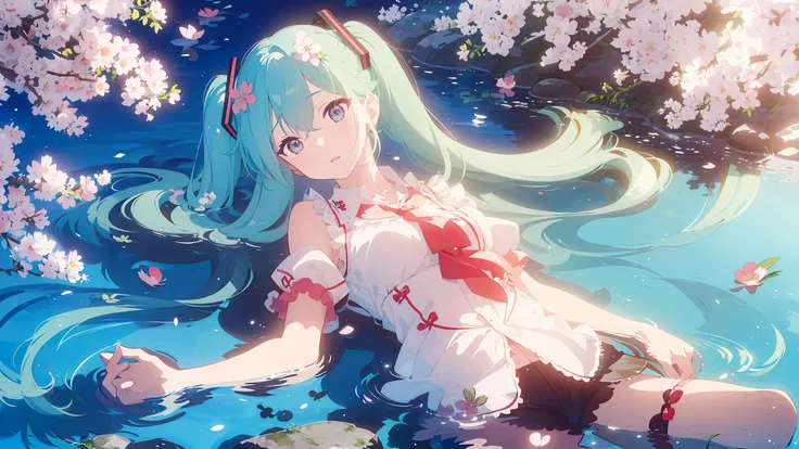 best quality, masterpiece, 1girl,solo,full body,cherry blossoms,hatsune miku, floating in water, lying, from up