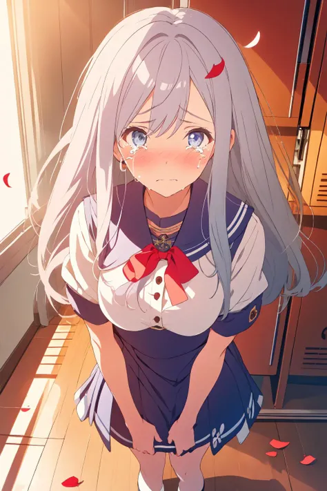 1girl,bag,bangs,blush,breasts,cherry blossoms,confetti,falling leaves,falling petals,indoors,jewelry,leaves in wind,locker,long hair,looking at viewer,petals,petals on liquid,red ribbon,ribbon,rose petals,school uniform,shirt,shoes,shoes removed,short sleeves,skirt,socks,solo,standing,white legwear,white shirt,wind,vladilenamilize,vladilena milize,grey hair,blue eyes,silver hair,<lora:vladilenamilizetest:1>,(sad:1.2),(tear:1.2),(crying:1.2),(close-up:1.2),headpat,(face_focus:1.2),<lora:Concept_Headpat:1>,