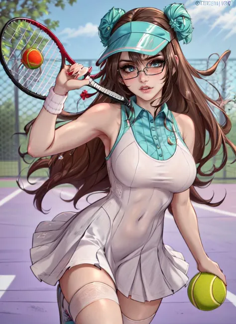 ((best quality)), ((highly detailed)), masterpiece, absurdres, detailed face, beautiful face, (detailed eyes, deep eyes), (1girl), (glasses), cowboy shot, <lora:hairdetailer:.9>, escort, cleavage, revealing clothes, sexually suggestive, (on a tennis court, <lora:tennis_dress-1.0:.8>, (tennis dress), tennis ball, dawn), <lora:dimedrollystyle:.8>