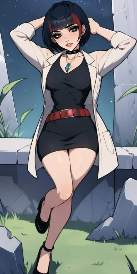 detailed background, tae takemi, short hair, black eyes, eyeliner, [[eyeshadow]], long legs, sexy legs, <lora:TaeTakemiV2:0.8>, necklace, choker, labcoat, black dress, belt, short dress, ((stone ruins, grass, night)), hands behind head, [^_^, closed eyes, smile], <lora:dimedrollystyle_v0.1:0.8>