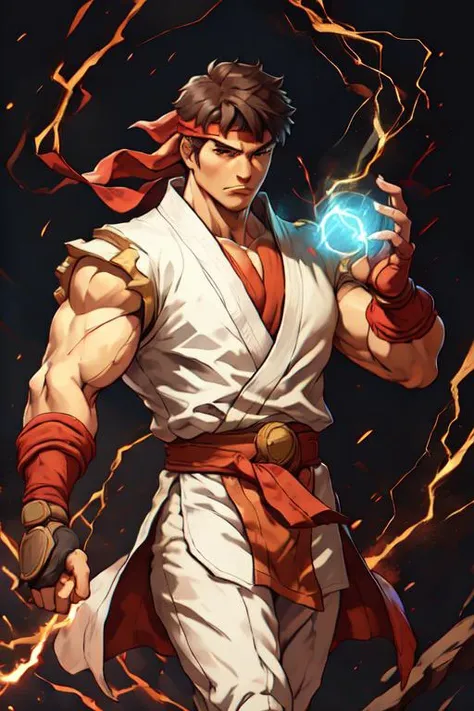 <lora:alt3ryv-000004:0.2> <lora:sfr1v-000002:0.6> <lora:Pr0t0ssECIVIT(1):0.6> sfr1v, red bandana, holding electricity energy ball, ((Pr0t0ssE gold suit))
