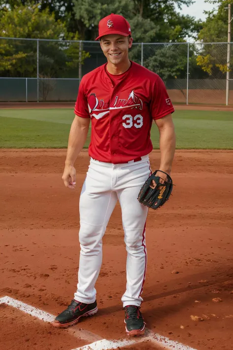 outdoors, ((baseball field)), standing at second base, CFDawson, baseballplayer, baseball uniform, cardinal red jersey, jersey number 7, (white pants), cardinal red socks, black sneakers, cardinal red baseball cap, glove, fielding position, smiling, (((full body portrait))), wide angle <lora:Clothing - Sexy Baseball Player:0.65> <lora:CFDawson:0.8>