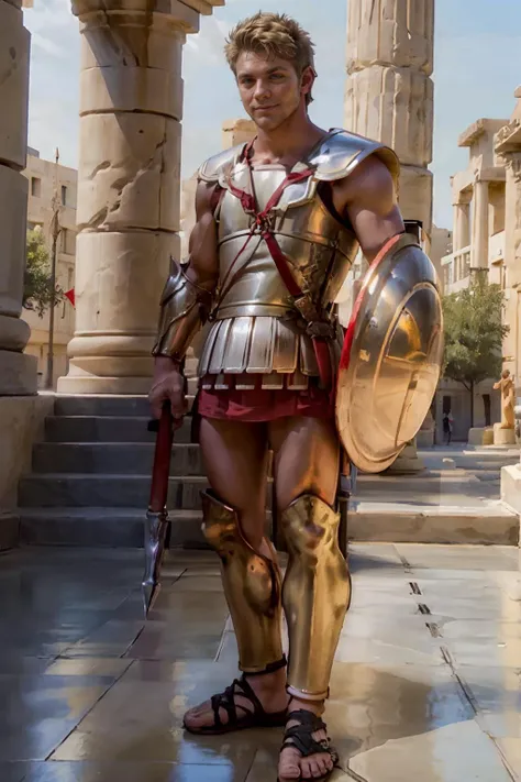 plaza of in Greek city of Sparta, short hair, ((dark blonde hair)), muscular CFDawson, (age 21), slight smile, wearing red linothorax armor, red tunic, greaves, sandals, holding shield, holding spear, (((full body portrait))), wide angle, <lora:CFDawson:0.8> <lora:GreekHoplite_Linothorax_V2-E10:0.8>