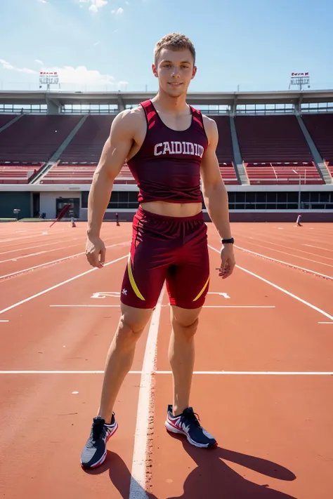 sunny spring day, track and field stadium, standing on the running track, (male focus), CFDawson wearing cardinal red track uniform, sleeveless track jersey, (compression shorts), sneakers, slight smile, (((full body portrait))), wide angle <lora:CFDawson:0.8>
