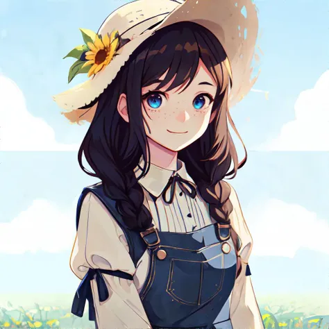 <lora:adventure-inzaniak:0.7>, 1girl, female farmer, sunhat, overalls, flower field, sunlight, blue sky, fluffy clouds, (smile:0.4), (freckles:0.4), braided hair || <lora:adventure-inzaniak:0.3>, skin, hair, clothing, masterpiece, 8k, high resolution, shallow depth of field, sharp focus