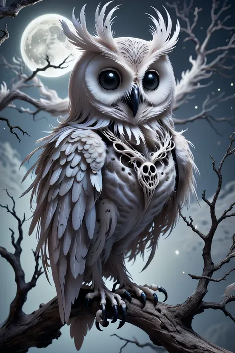 zkeleton, creepy, A spirited owl spirit, with soft feathery wisps, perched silently on a moonlit branch.<lora:EnvySpiritXL02-creepy:0.6><lora:zkeleton-sdxl:0.6>
