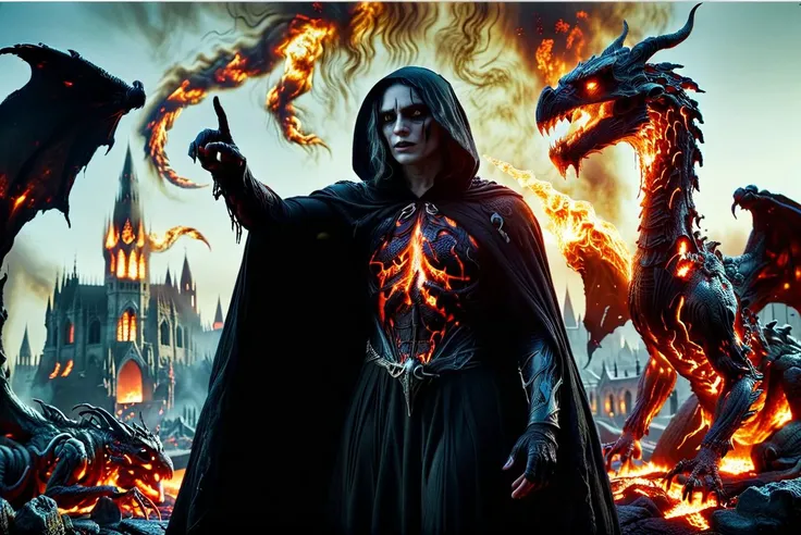 Horror-themed cinematic film still, Horror-themed realistic photo of a necromancer, black cape, burning city in the background, firedragon in the sky, (pointing with a finger to camera:1.5), (Use Dream Diffusion Secret Prompt), dark scenery, perfect face, <lora:add_detail:1>, <lora:NicolaSamori:1>, <lora:ral-lava:1>, <lora:zkeleton:1> . Eerie, unsettling, dark, spooky, suspenseful, grim, highly detailed