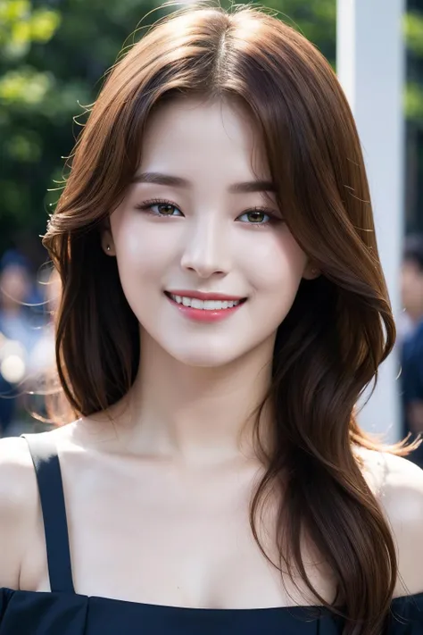 Best quality, masterpiece, ultra high res, (photorealistic:1.4), raw photo,1girl, solo, realistic, lips, looking at viewer, long hair, hair over one eye, parted lips, nose, close-up, brown hair, simple background, brown eyes, black dress, off shoulder, grin
