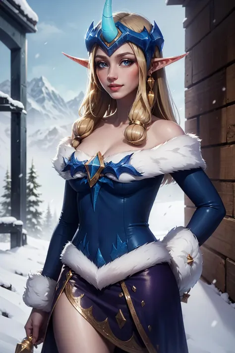 (masterpiece, best quality:1.2), intricate details, <lora:GoodHands-beta2:1>, <lora:lol_winter_wonder_soraka-000014:1>, winter wonder soraka, 1girl, single horn, fur-trimmed dress, bare shoulders, earrings, blonde hair, pointy ears, smile