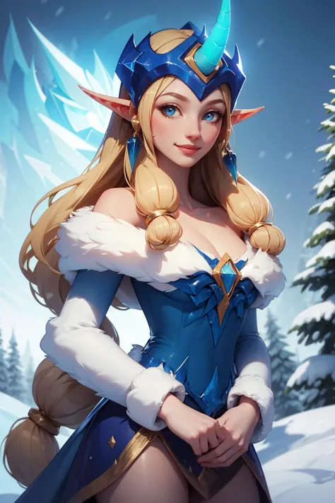 (masterpiece, best quality:1.2), intricate details, <lora:GoodHands-beta2:1>, <lora:lol_winter_wonder_soraka-000014:1>, winter wonder soraka, 1girl, single horn, fur-trimmed dress, bare shoulders, earrings, blonde hair, pointy ears, smile