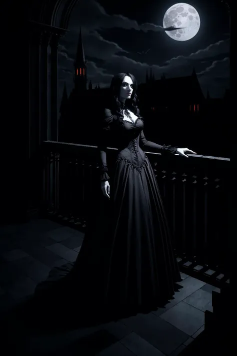 a beautiful gothic vampire. standing on a balconly under the moon. eerie. volumetric light, high dynamic range.