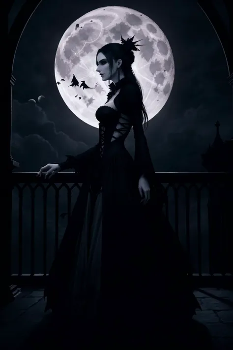 a beautiful gothic vampire. standing on a balconly under the moon. eerie. volumetric light, high dynamic range.