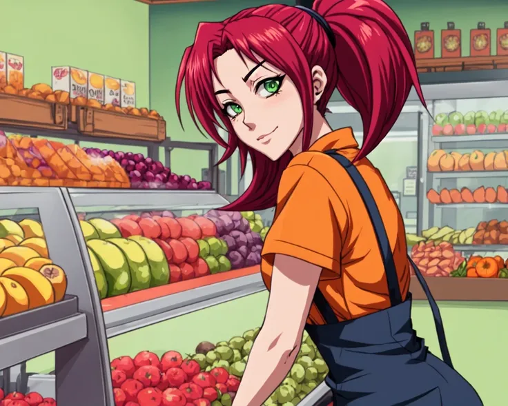 anime style, cell shading, insomniac, part time worker girl at a fruit and juice shoppe