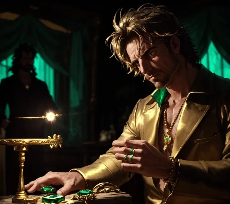 dynamic lighting, cinematic, careful jeweler inspecting an intricate gold and emerald ring, concentrating expression, messy hair, unshaven