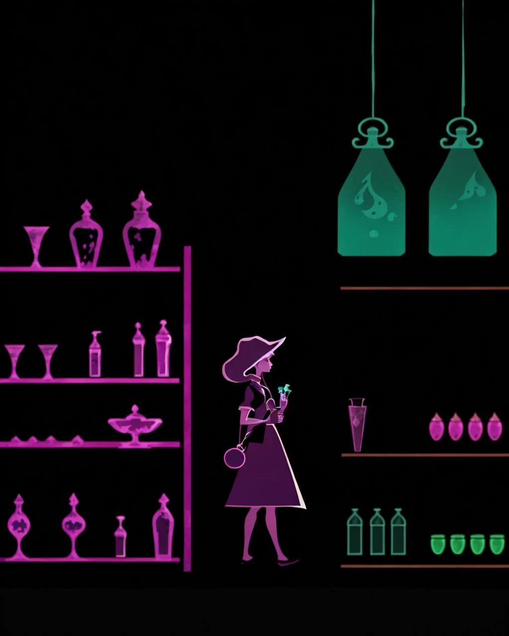 potion seller in a potion shop, minimalism, colored silhouettes