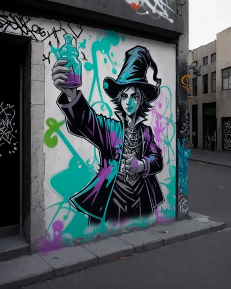 potion seller, high contrast graffiti, street art