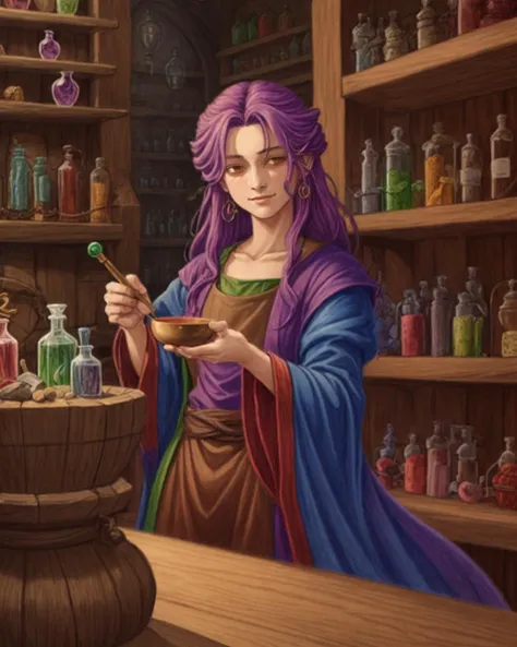 potion seller in a potion shop, colored pencil drawing