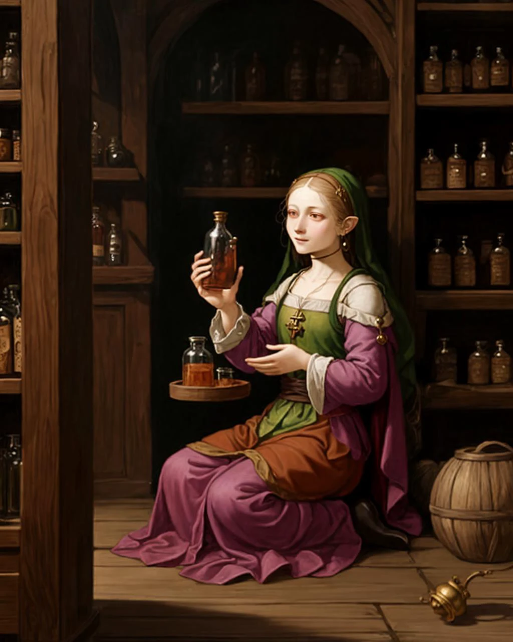 potion seller in a potion shop, renaissance painting