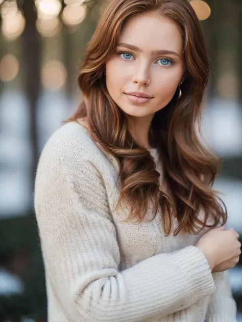 RenataV, (masterpiece:1.2, best quality, RAW photo, subject, 8k uhd, dslr, soft lighting, film grain, Fujifilm XT3), (Beautiful), looking at viewer, blue eyes, modest sweater, winter background, portrait, (depth of field, Bokeh), <lora:RenataV:0.8>