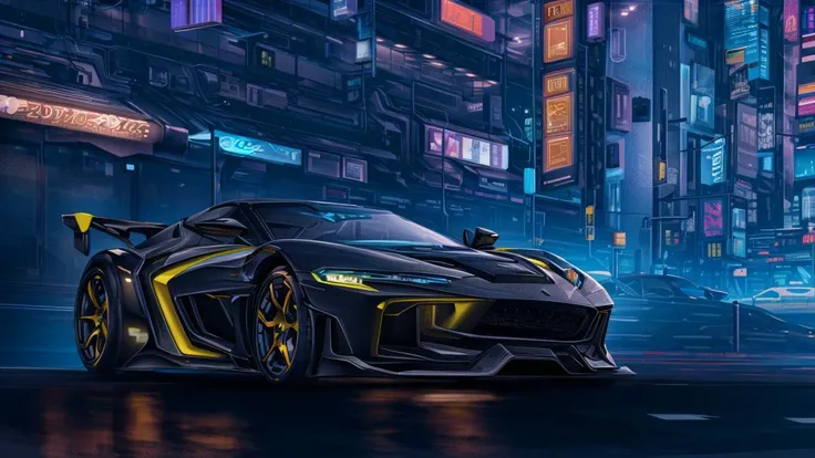 masterpiece, best quality, extremely epic cool and beautiful, extremely detailed, intricate detail, no humans,
supercar, from front, neon lights, futuristic street, cyberpunk