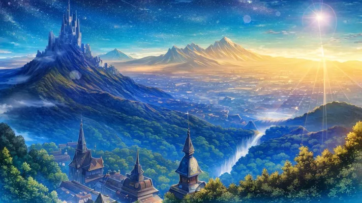 masterpiece, best quality, extremely epic vibrant and beautiful, extremely detailed, intricate detail,
fantasy, landscape, scenery, stars, clouds, sunlight, lens flare, mountains, ocean, hills, forest, town