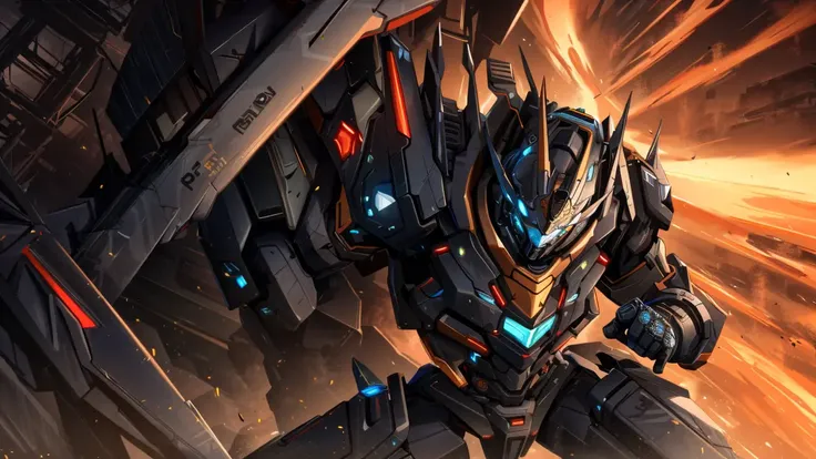 masterpiece, best quality, extremely epic and powerful, ultra cinematic shot, futuristic, cyberpunk, extremely detailed, intricate detail,
vivid colors, colorful, bloom,
combat robot, machinery, no humans, neon glow