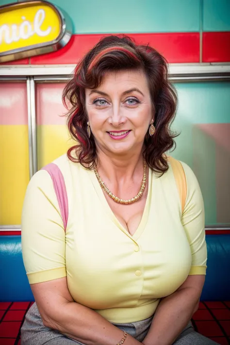 a RAW photo, portrait of ivanagita, mature, retro outfit, american diner, (1960s style:1.2), (retro:1.1), (vintage:1.2), (old photo style:1.2), vibrant colors, (sepia:0.5), analog photography, volumetric lighting, detailed eyes and face, magnificent, epic, sharp focus, dlsr, rim lights, blurry background, best quality, highly detailed, masterpiece, 8k, <lora:add_detail:1>, <lora:IvanaGita:1>,