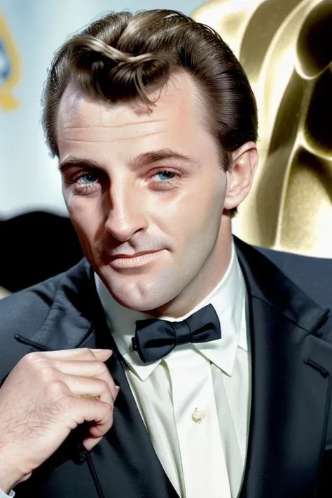 a man in a stunning suit, at the crowded oscars, upper body, close up, raw, 8k uhd, [smiling:0.3] <lora:robertMitchum:1>