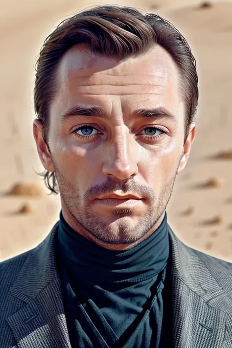 a man in a stunning suit, in the middle of the Sahara desert, upper body, close up, raw, 8k uhd <lora:robertMitchum:1>