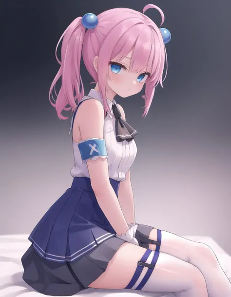 masterpiece, best quality, highres, 1girl ninym ralei hair bobbles ahoge, sleeveless bare shoulders armband neck ribbon black ascot white shirt blue dress black skirt white gloves black thighhighs garter straps <lora:ninym_ralei:1> sitting, from side, looking at viewer